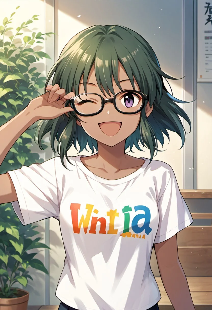 score_9, score_8_up, score_7_up, source_anime, natalia, short hair, dark-skinned female, dark skin, purple eyes, green hair, 1girl, solo, one eye closed, smile, open mouth, glasses, ;d, shirt, looking at viewer