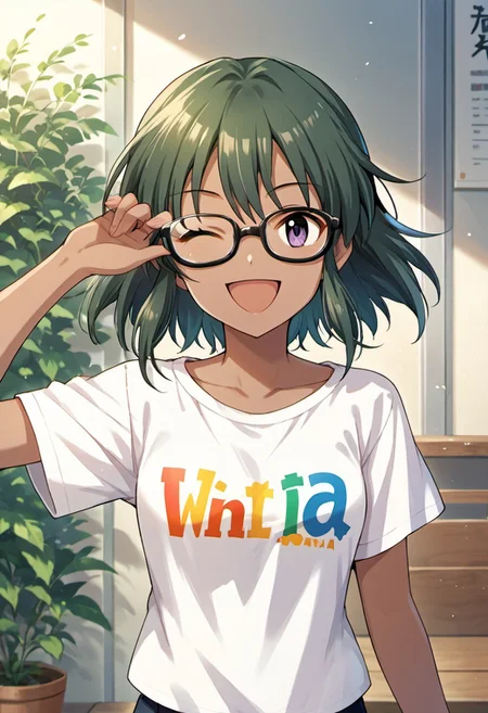 score_9, score_8_up, score_7_up, source_anime, natalia, short hair, dark-skinned female, dark skin, purple eyes, green hair, 1girl, solo, one eye closed, smile, open mouth, glasses, ;d, shirt, looking at viewer