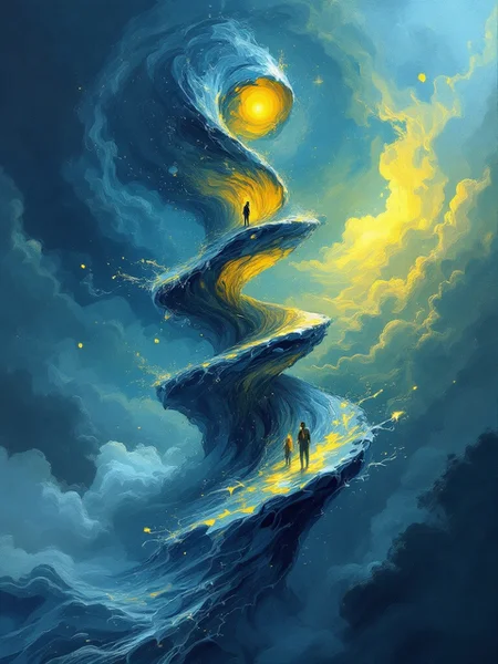 "A surreal, twisting tower made of flowing liquid metal, spiraling upward into a night sky filled with swirling, soft clouds. The tower’s surface reflects fragmented yellow and blue hues, as if illuminated by an unseen sun and a moon simultaneously. Faint, abstract shapes of figures and faces seem to emerge from the metal, shifting and dissolving back into the structure. The atmosphere is both calm and eerie, with a painterly, impressionistic texture that blurs the line between dream and reality. The colors swirl together in fluid strokes—cool blues melting into warm, glowing yellows."