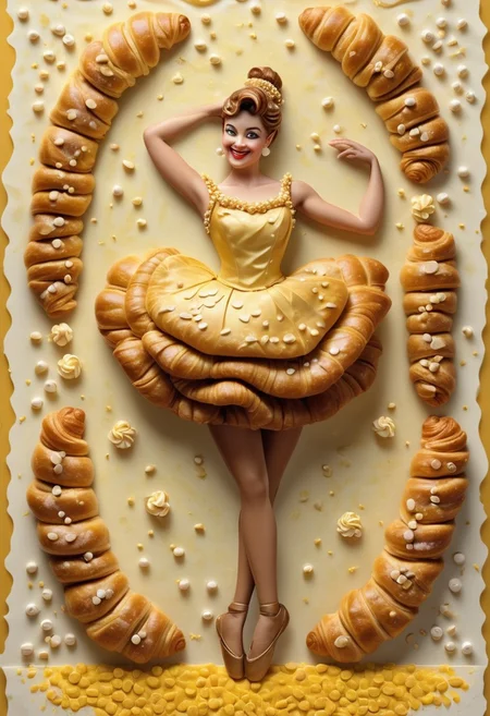 Portrait of a Cheerful Croissant Ballerina, Golden-Brown Satin Texture with Layers of Butter Yellow and Almond White, Eyes Sparkling with Elegance, Wearing a Tiny Tutu Made of Flaky Pastry Layers, Surrounded by Floating Coffee Beans and Twirling Sugar Cubes, Glossy Finish, Creating a Delightful Parisian Dance Scene