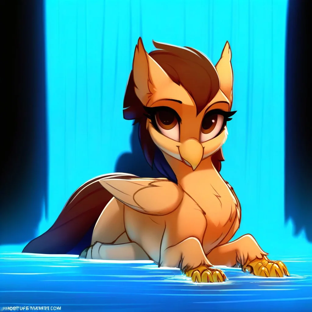 masterpiece, best quality, very aesthetic <lora:MLP-Hippogriff_Illustrious:0.7> hippogriff, classical hippogriff, wings, feral, my little pony, claws, hooves, medium brown hair, brown eyes, golden brown body, front view, in a waterfall, folded wings, lying on ground, female, breasts, rating_safe