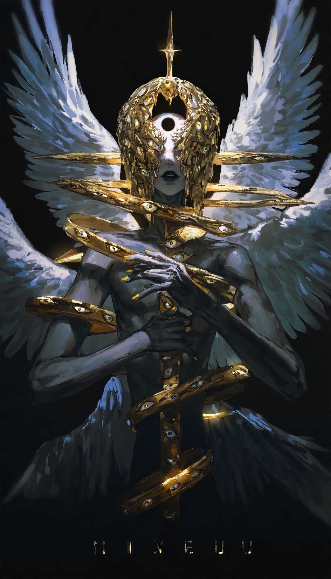 masterpiece,best quality,artist:john_kafka,artist:nixeu,artist:quasarcake, ,gritty,
original，
1other, angel wings, biblically accurate angel, black lips, black skin, colored skin, eclipse, extra eyes, hand up, multiple wings, parted lips, portrait, seraph, solo, starry skin, wings, yellow nails