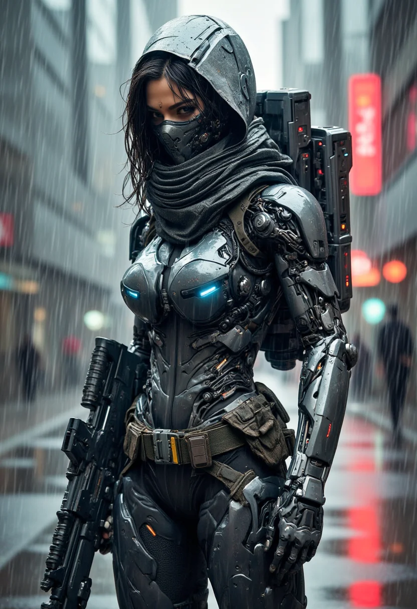 Recypu style, Cyberpunk highly detailed, high-resolution photograph.
This image is a highly detailed photo featuring a futuristic, armored female warrior standing in a rainy urban environment. The subject is clad in a complex, multi-layered exoskeleton suit with a sleek, metallic gray and black color scheme. The suit is heavily armored, with intricate details including panels, joints, and mechanical components, suggesting advanced technology. The exoskeleton has a bulky, yet aerodynamic design, with shoulder pads, chest plates, and thigh guards that provide a sense of protection and mobility. The suit has a futuristic aesthetic, with glowing blue lights and various symbols and markings indicating advanced functionality.
The warrior's face is partially obscured by a full-face helmet, which has a sleek, aerodynamic design with a visor that covers the eyes. Her hair, which is dark and wavy, peeks out from beneath the helmet. She holds a large, futuristic rifle in her right hand, indicating readiness for combat. The background shows a rainy street scene with blurred, out-of-focus elements, suggesting a downpour. The ground is wet, reflecting the rain, and the pavement is slightly reflective, adding to the wet and gloomy atmosphere. The overall style is hyper-realistic, capturing the gritty, industrial aesthetic of a futuristic war zone.
