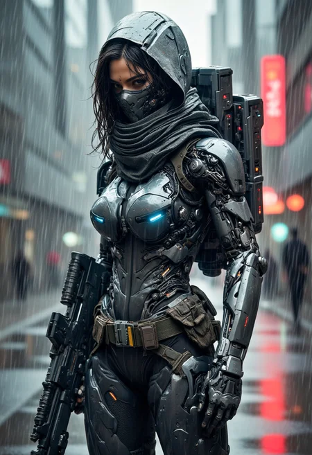 Recypu style, Cyberpunk highly detailed, high-resolution photograph.
This image is a highly detailed photo featuring a futuristic, armored female warrior standing in a rainy urban environment. The subject is clad in a complex, multi-layered exoskeleton suit with a sleek, metallic gray and black color scheme. The suit is heavily armored, with intricate details including panels, joints, and mechanical components, suggesting advanced technology. The exoskeleton has a bulky, yet aerodynamic design, with shoulder pads, chest plates, and thigh guards that provide a sense of protection and mobility. The suit has a futuristic aesthetic, with glowing blue lights and various symbols and markings indicating advanced functionality.
The warrior's face is partially obscured by a full-face helmet, which has a sleek, aerodynamic design with a visor that covers the eyes. Her hair, which is dark and wavy, peeks out from beneath the helmet. She holds a large, futuristic rifle in her right hand, indicating readiness for combat. The background shows a rainy street scene with blurred, out-of-focus elements, suggesting a downpour. The ground is wet, reflecting the rain, and the pavement is slightly reflective, adding to the wet and gloomy atmosphere. The overall style is hyper-realistic, capturing the gritty, industrial aesthetic of a futuristic war zone.