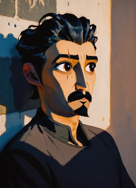 absurdres, original, score_9, score_8_up, score_7_up, rating_safe, rating_questionable, oil painting, traditional media, realistic, 1boy, solo, male focus, upper body, ballister, thick mustache, goatee, brown eyes, thick eyebrows, thick, mustache, beard stubble, hair slicked back, short hair, dark skin, dark skinned male, black hair, undercut, eyebrow cut, standing, black print shirt, looking to the side, sunset, sunlight, shadow, indoor, wall, <lora:ballister_v01:0.8>, <lora:Impressionism Oil Painting Style LoRA_Pony XL v6:0.8>