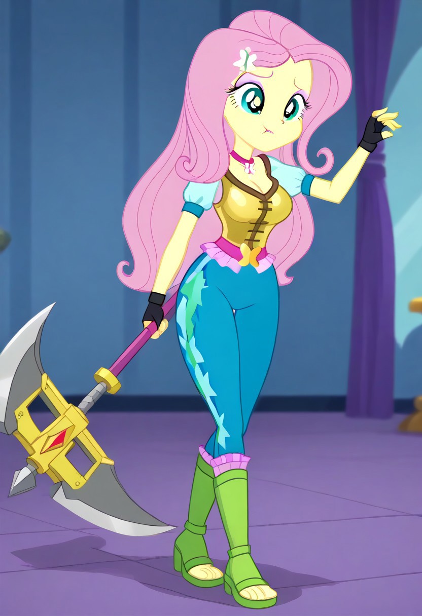 (masterpiece:1.0), (best_quality:1.0), ((perfect face:1)),((perfect body:1)),((perfect shadows:1)),
ng_deepnegative_v1_75t, zPDXLxxx, My little pony,(equestria girls)(full body shot) , Perfect Hands, perfecteyes, beautiful, vector, detailed hand, seductive look,bedroom eyes, detailed eyes, ,dinamic hands,full body portrait,  
BREAK charcters, 
(Equestria Girls Style:1.5),
prostitutes with massive breast and hyper hips, fluttershy, pink hair, teal eyes, long hair, eyeshadow, butterfly ornament, hair ornament, yellow skin, colored skin,
(Equestria girls:1),(massive breast:1.3),(hyper hips:1),
slutty thick round ass,massive thick thighs,perfect breast,
BREAK raytracing, volumetric lighting, ambient occlusion, background, 
BREAK wearing, 5 fingers, detailed character design, ultra-high resolution,
detailed character design, ultra-high resolution, ultra detail,
bedroom eyes, 
absolute cleavage, (Random epic figth pose:2),( sexually suggestive;2),(front view:2),
(fantasy naughty  barbarian armor:1.5), (fingerless gloves:1.5), (toeless footwear:1.5), (holding massive battle-axe), red aura, menacing glare, smug, glowing eyes, dynamic pose with battle-axe,
BREAK (shading:1).