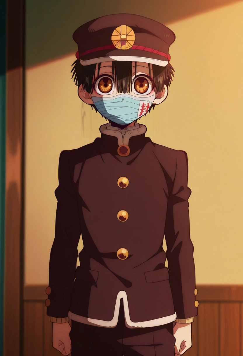 masterpiece, best quality, , anime screencap, anime coloring, official style, looking at viewer, 1boy, solo, male focus, <lora:hanako-kun_ilxl:0.96>, hanako-kun, black hair, brown eyes, short hair, hair between eyes, bangs, hat, black headwear, gakuran, , , Pleated trousers, Fleece pullover, , Balaclava,