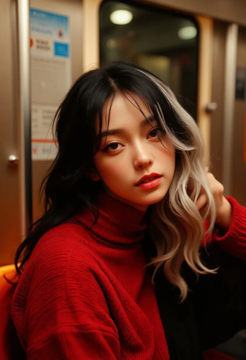 vantablack, bailing_fire, A breathtaking cinematic portrait of a youthful and elegant woman seated gracefully in a modern subway car. Her long, flowing hair cascades in soft waves, transitioning from a rich black base to luminous platinum blonde at the tips, catching the subtle interplay of light. She wears a snug, chic red sweater, its texture rich and cozy, complementing her delicate features and adding warmth to the scene. Her youthful face glows with smooth, radiant skin, sparkling eyes full of curiosity, and a serene, captivating smile that exudes confidence and charm. The warm, ambient lighting enhances the soft tones of her complexion, contrasting beautifully with the sleek metallic walls and vibrant orange seats of the subway car. The blurred background creates a dreamy, aesthetic atmosphere, while intricate details in her hair, attire, and posture evoke a sense of refined beauty and modern sophistication.