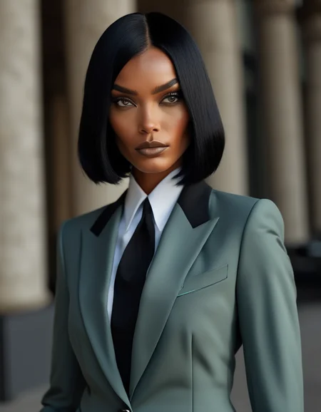 A portrait of a model with a sleek, raven-black bob, her sharp features highlighted by her intense, piercing eyes. Sheâs dressed in a tailored suit, exuding power and confidence, ready to take on any challenge that comes her way. <lora:usual-portrait-v2:1>