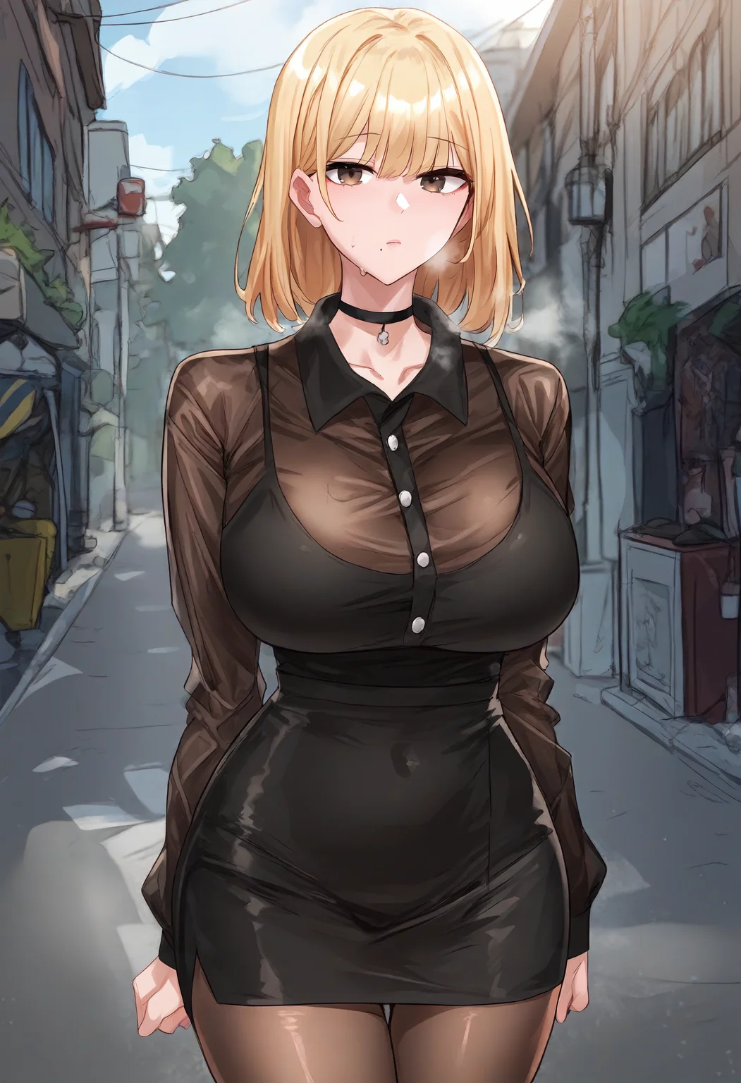 score_9, score_8_up, score_7_up, score_6_up, source_anime, rating_explicit, 1girl, solo, huge breasts,<lora:Park Dayoung prefectPonyxl:0.75> blonde hair, mole under mouth, brown eyes, medium hair, black choker, see-through shirt, black shirt, collared shirt, buttons, black tank top, long sleeves, black skirt, pencil skirt, brown pantyhose, expressionless, Narrow shoulders, heavy breathing, steaming body, street, outdoors, looking at viewer