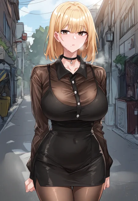 score_9, score_8_up, score_7_up, score_6_up, source_anime, rating_explicit, 1girl, solo, huge breasts,<lora:Park Dayoung prefectPonyxl:0.75> blonde hair, mole under mouth, brown eyes, medium hair, black choker, see-through shirt, black shirt, collared shirt, buttons, black tank top, long sleeves, black skirt, pencil skirt, brown pantyhose, expressionless, Narrow shoulders, heavy breathing, steaming body, street, outdoors, looking at viewer