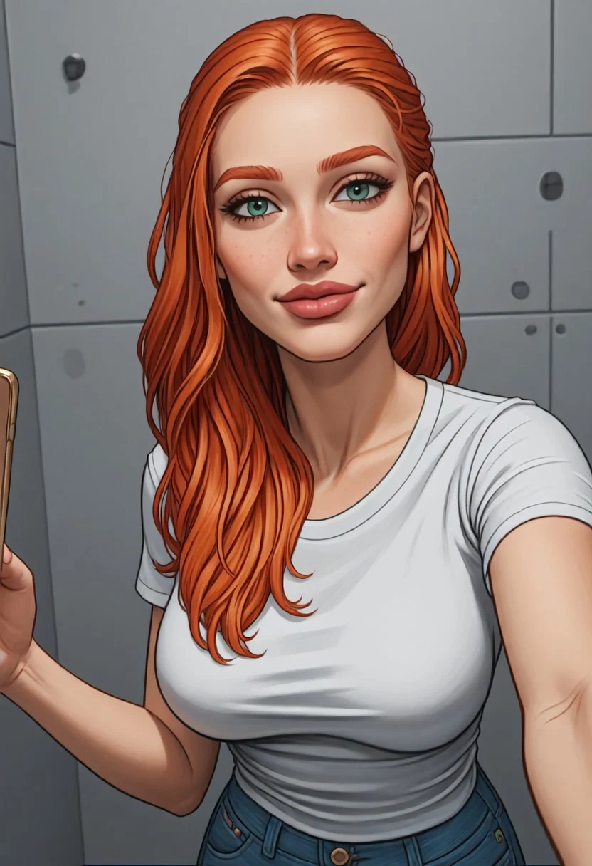lmasterpiece, best quality,masterpiece, best quality, good quality, very aesthetic, newest, 8K, ecasagrande, detailed,
Selfie, close up of face,
1 woman, 22 years old,
Ginger hair,
Big lips, Fake lips, plump lips,
Skinny body,
T-shirt, jeans,
Shy smile,