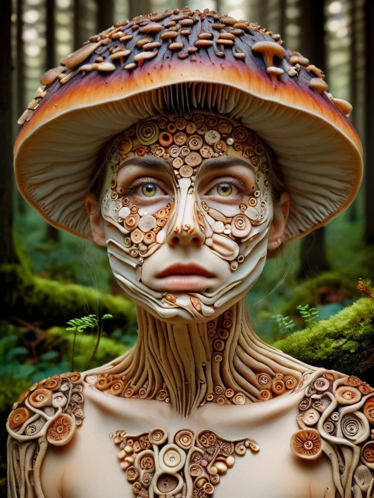 woman in a mythical forest, masterpiece, perfect face, intricate details, horror theme, mushroomz <lora:mushroomz:1>