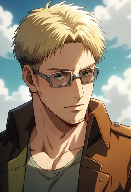 score_9, score_8_up, score_7_up, score_6_up, source_anime\(Attack on Titan\), perfect anatomy, perfect proportions, best quality, masterpiece, high_resolution, high quality, aesthetic, absurdres, (male focus), solo male, Abel, ((blond hair)), short hair, (long sideburns, thick facial hair, beard, chinstrap stubble, jawline stubble), paradis military uniform \(Attack on Titan\), (open tan color cropped jacket, olive green undershirt), (wearing glasses, thick-rimmed giggles with bands around head, eyes behind goggles), adult, mature, masculine, manly, handsome, charming, alluring, (portrait, headshot), upper body, dutch angle