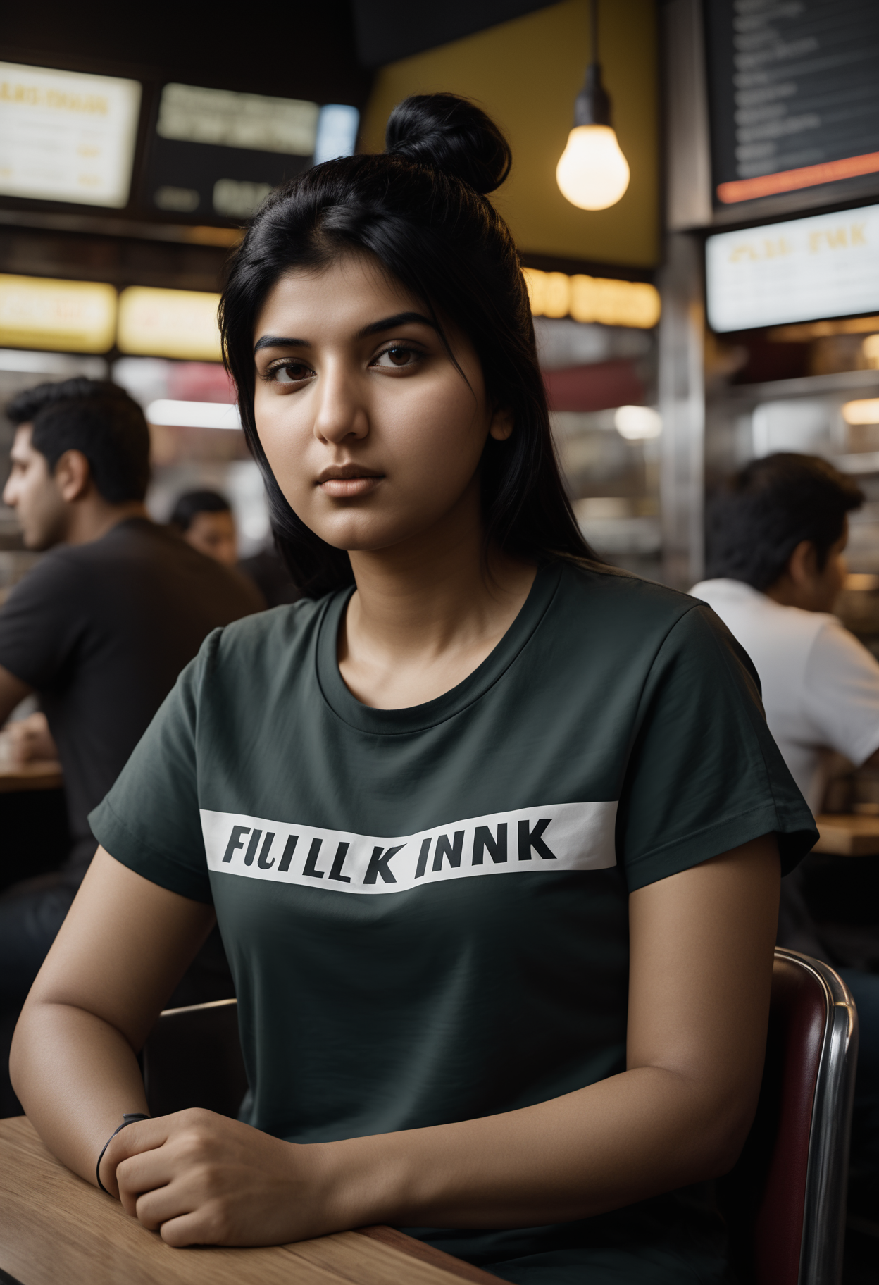 cinematic photo of a fashionable full-frame portrait of <lora:AliyaLoraXL2:1> aliyaloraxl2, black hair, small breasts, 1girl, 32y.o south asian woman, black eyes, (slightly overweight:1.4), (beautiful:1.4), 35mm, FujiXT3,  gritty raw street photography, plain clean earthy female hacker, black punk t-shirt, sitting in a busy crowded street diner, shot with Canon EOS 5D Mark IV, , 35mm photograph, film, bokeh, professional, 4k, highly detailed