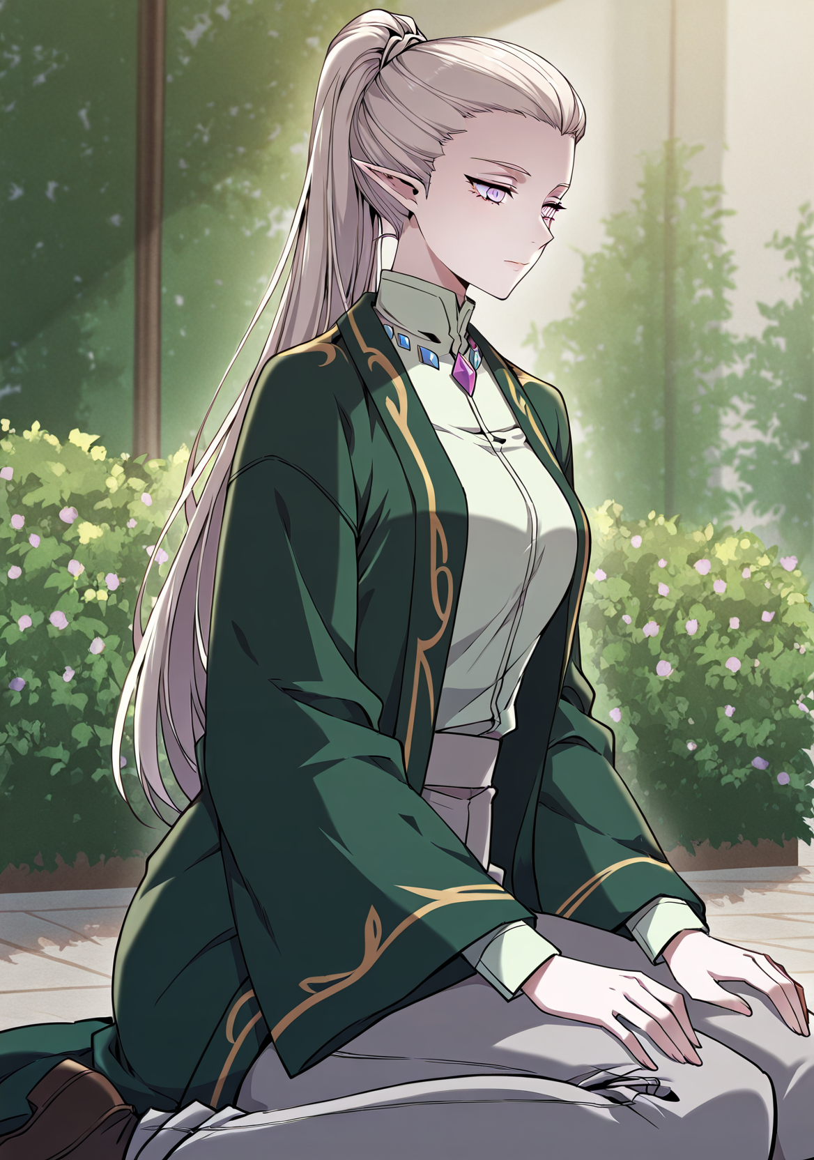 <lora:Alanis_Emeria__The_Beginning_After_the_End__Illustrious:1>
Alanis_Emeria_green_uniform_elf_gems, 1girl, solo, long white hair, ponytail, pointed ears, elf, pale skin, violet eyes, narrow eyes, green jacket, loose jacket, gold trim, wide sleeves, light green high-collar shirt, gemstone collar, purple gem, blue gem, gray pants, formal outfit, fantasy uniform
score_9, score_8_up, score_7_up, masterpiece, best quality, absurdres, perfect anatomy, 1girl, solo, wariza, sitting, hands on own knees, garden background