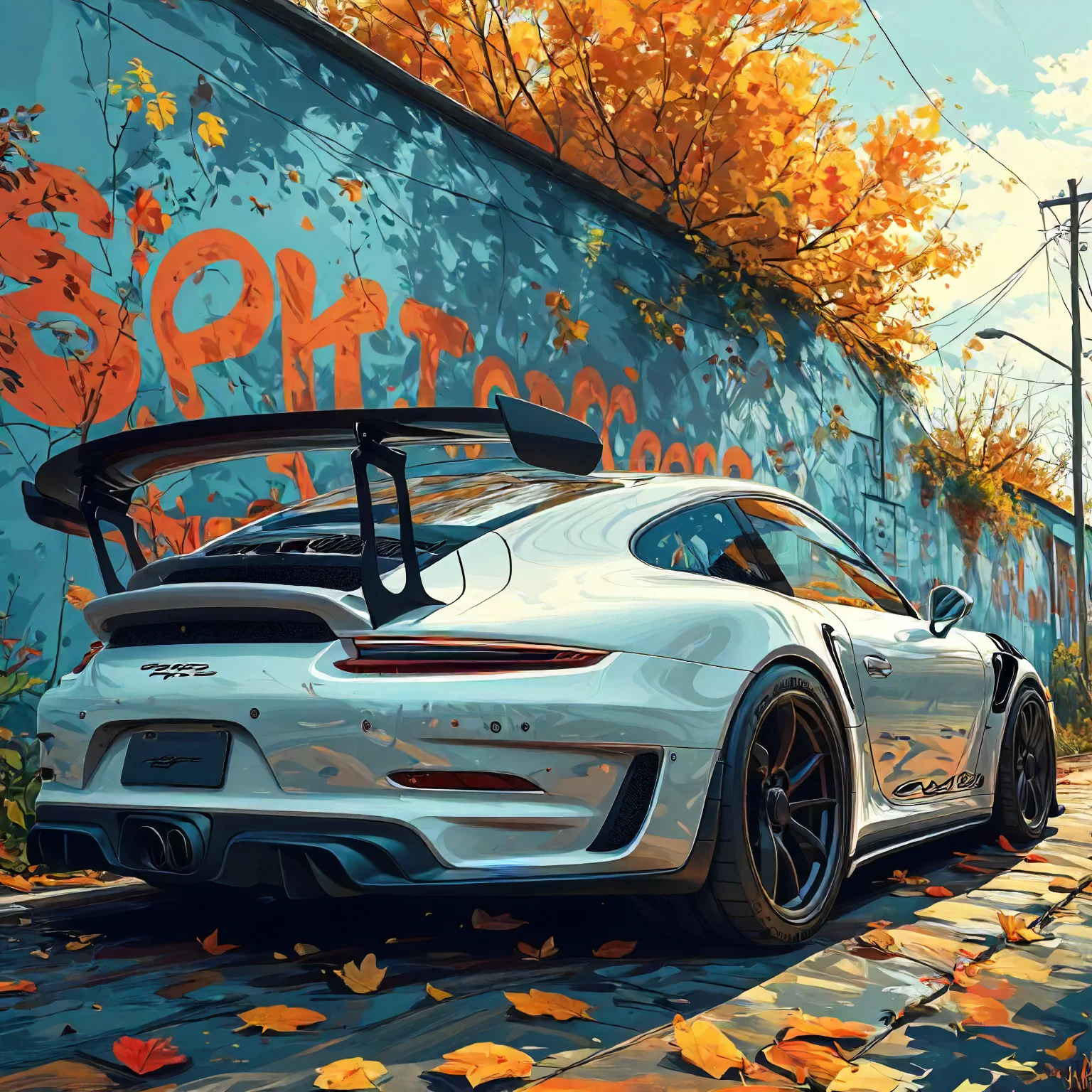 calendar illustration of A Porsche gt3 gt3 wallpaper, in the style of martin ansin, simon stalenhag, white and gray, mural painting, ary scheffer, colored cartoon style, precision and detail - oriented