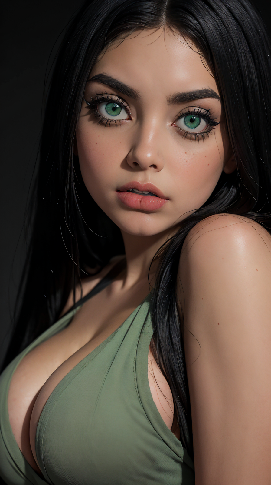 <lora:Massie_Katz:1> black long hair, light green eyes, full lips, party background,desaturated background,bokeh,dark theme,soothing tones,muted colors,high contrast,(natural skin texture, hyperrealism, soft light, sharp),(close-up shot) artistic photoshoot,(naked shoulders),(cloth hides breasts),   sfw,