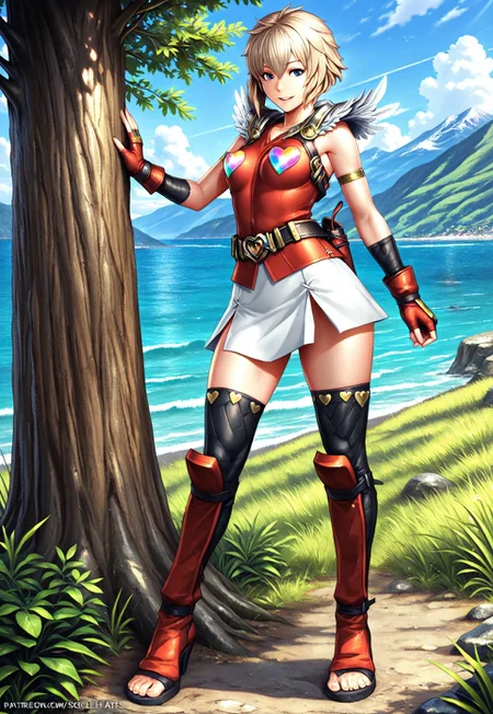 safe_pos, masterpiece, best quality, amazing quality, cwol, harfe, (iridescent hearts, hearts, heart print, hearts over breasts, covered breasts:1.2), GOH_Leu, 1girl, short hair, messy hair, blonde hair, blue eyes, feathered shoulder pads, feather shoulder pads, armlet, sleeveless red shirt, body harness, small breasts, fingerless gloves, belt, belt buckle, (segmented skirt, white skirt, slits), black thighhighs, red shin guards, toeless footwear, aged up, skinny, slender legs, long legs, outdoors, trees, mountain, grass, rocks, sea,