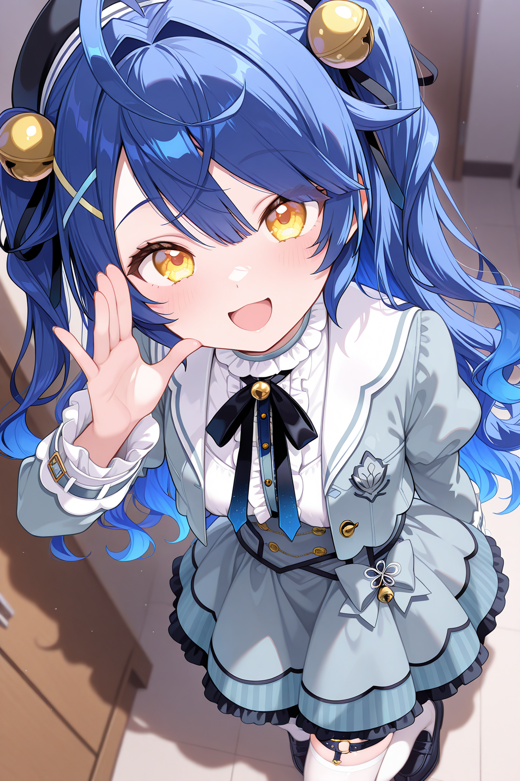 1girl, AmamiyaKokoroNijisanji,
general, solo, from above,
long hair, blue hair, two side up, wavy hair,
yellow eyes, 
black headwear, x hair ornament, hair bell,
grey jacket,
puffy sleeves, frilled sleeves,
cropped jacket,
breasts, open jacket, 
neck bell, white shirt, 
grey dress, 
thigh strap, white thighhighs, loafers, 
looking at viewer, \:D, fisheyelens,
<lora:kp_AmamiyaKokoroNijisanji1stCostumeIllustrious_v1_0:1.0>,
masterpiece, best quality, amazing quality