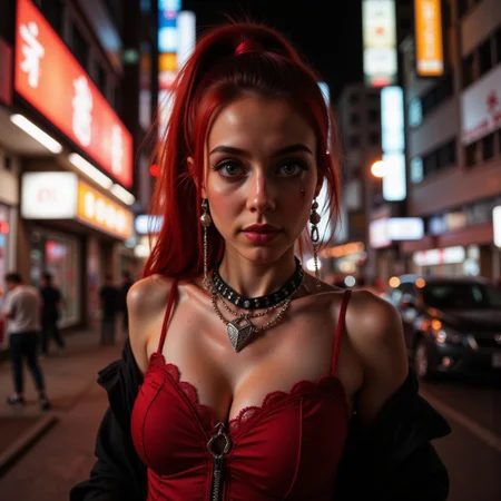 This picture is of an 18 year old pale skinned european LiviaFerreira woman who has very pretty petite facial features and very long red wavy hair in high pony tail. She has several body piercings including ears, nose and belly button. She has heavily stylised body tattoos on her arms and legs. She has a flat chest and petite skinny body shape with wide hips and slightly thick thighs and small feet and hands, her eyes are bright piercing green and the iris detail is visible.
The setting is a post apocalypse city street at night with red neon japanese signage steam and smoke rise from a drain the atmosphere is close and heavy, there are sky scrapers in background the sky is inky and dark. 
She is wearing red gothic skimpy top with lace and chain detail.
This is a super close up of her face with the camera focus on her bright green detailed eyes, her eyes are bright and in focus.