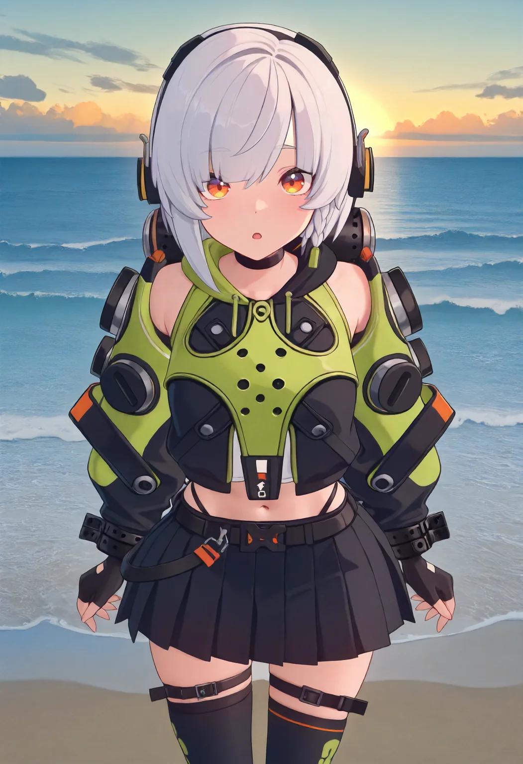 masterpiece, best quality, amazing quality, very aesthetic, absurdres, newest, scenery, volumetric lighting, perfect eyes, ultra detailed,
1girl, anby demara, solo, white hair, orange eyes, orange headphones, tiny braid, 
choker, black and green hood, big futuristic backpack, black and green futuristic hoodie, detached sleeves, sleeve ornaments, shackles, fingerless gloves, navel, thong lines, belt, skirt strap, black skirt, thigh straps, black thigh highs, green boots,
closeup, beautiful face, looking at viewer, surprised face, leaning forward, hands to the sides,
beach, ocean, horizon, clouds, organe sky, detailed background, beautiful frame,
 <lora:Anby_Soldier_-_Zenless_Zone_Zero_ZZZ_-_Illustrious:1>
masterpiece, best quality, amazing quality, very aesthetic, absurdres, newest, scenery, volumetric lighting, perfect eyes, ultra detailed,