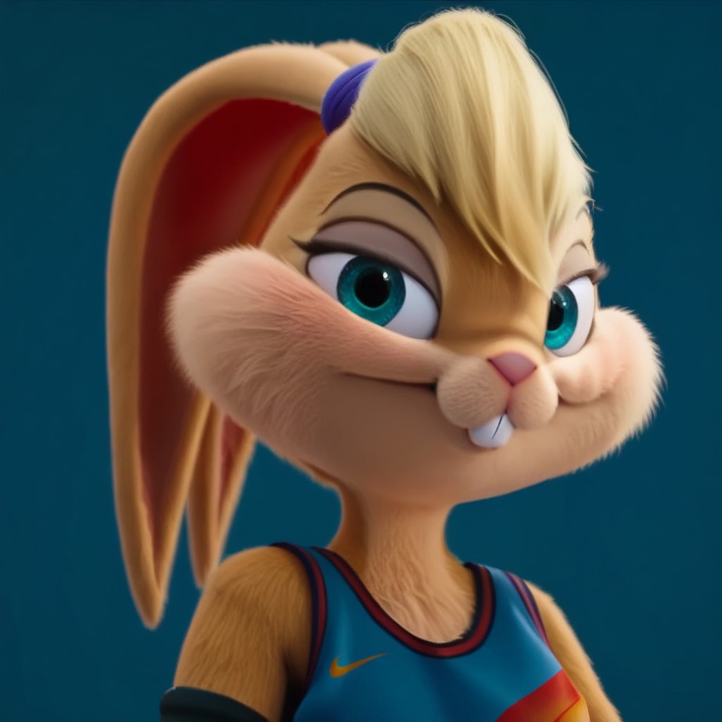 score_9, score_8_up, score_7_up, Expressiveh, masterpiece, best quality, highly detailed, realistic,  1girl, solo, (LBSJ2, furry, anthro, lagomorph, bunny, blonde hair, short hair, ears ties back, aqua eyes, black eyebrows, thin eyebrows, pink nose, orange body, orange fur, tan body, tan fur, two tone body, two tone fur, buckteeth, clothed, blue topwear, basketball jersey, black armwear), upper body, close-up, blue background, simple background, closed mouth, smile, purple hair tie, looking at viewer