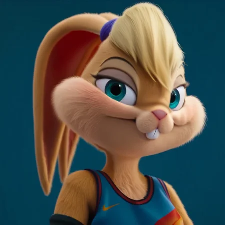 score_9, score_8_up, score_7_up, Expressiveh, masterpiece, best quality, highly detailed, realistic, 1girl, solo, (LBSJ2, furry, anthro, lagomorph, bunny, blonde hair, short hair, ears ties back, aqua eyes, black eyebrows, thin eyebrows, pink nose, orange body, orange fur, tan body, tan fur, two tone body, two tone fur, buckteeth, clothed, blue topwear, basketball jersey, black armwear), upper body, close-up, blue background, simple background, closed mouth, smile, purple hair tie, looking at viewer