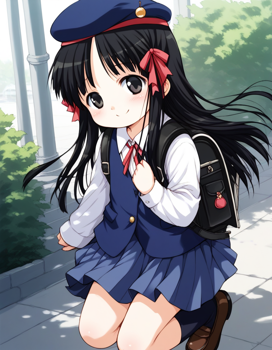 score_9, score_8_up, score_7_up, source_anime, rating_explicit, BREAK  <lora:Hoshino_Hina_XL:1> Hoshino_Hina, long hair, black hair, black eyes, hair ribbon, short stack,
bag, solo,  randoseru, backpack, blue school uniform, skirt, smile, socks, blush,  beret, brown shoes,
outdoor, day,