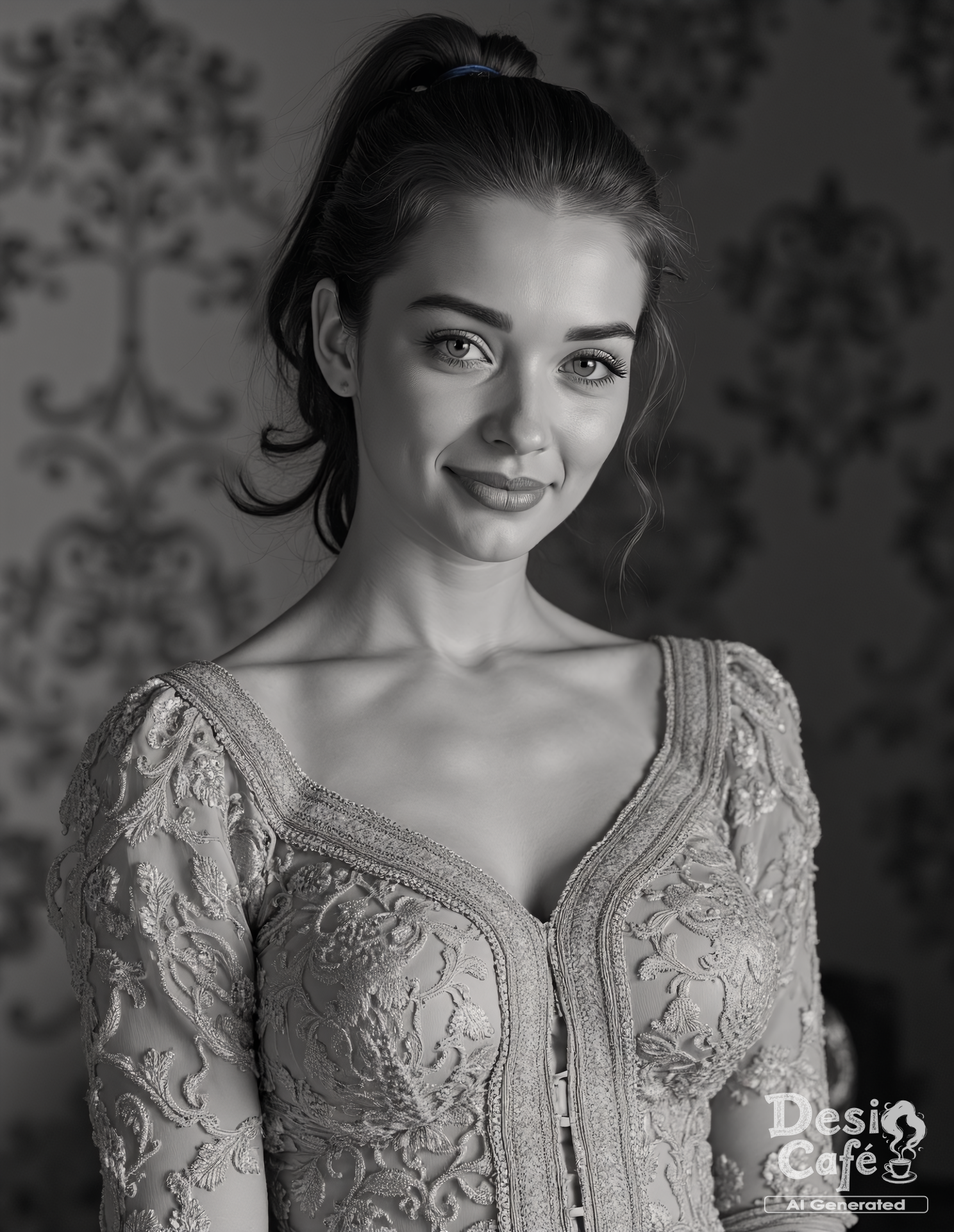 vintage greyscale photo of Amy Jackson woman, hyper realistic photo that is safe for work, shy smile, studio quality image, well dressed wearing intricate long sleevedfloral summer dress, hair styled as high ponytail,muted shaded wallpaper background that contrasts with the person, cinematic lighting,âââââ <lora:Amy_Jackson_Flux_Kohya_LoRA_v1:0.8>âââ