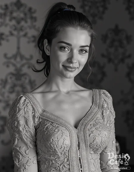 vintage greyscale photo of Amy Jackson woman, hyper realistic photo that is safe for work, shy smile, studio quality image, well dressed wearing intricate long sleevedfloral summer dress, hair styled as high ponytail,muted shaded wallpaper background that contrasts with the person, cinematic lighting,âââââ <lora:Amy_Jackson_Flux_Kohya_LoRA_v1:0.8>âââ