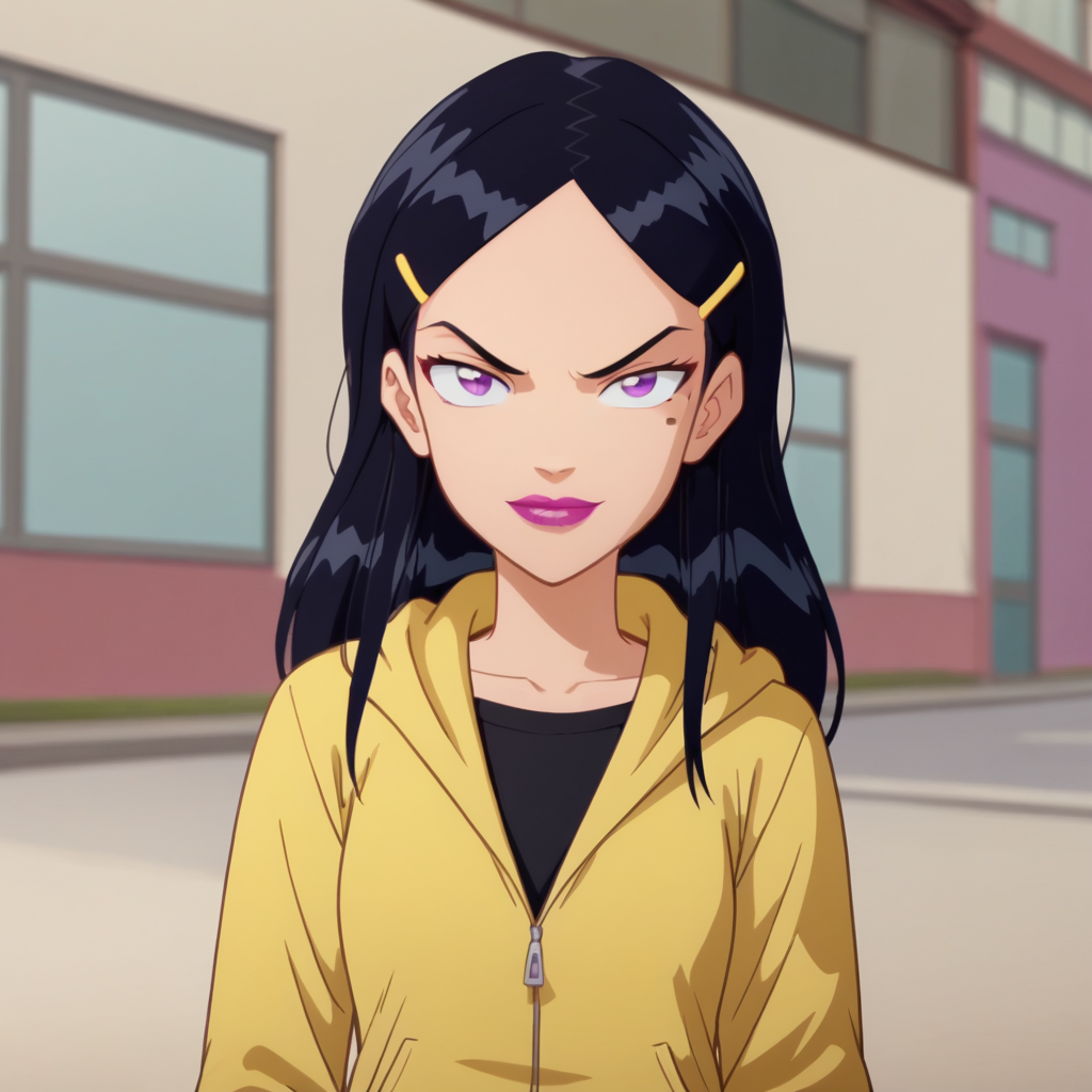 score_8_up, BREAK, anime screencap, Mandy, 1girl, solo,  long hair,  black hair, purple eyes, lipstick, hairclip, mole under left eye, <lora:Mandy_TotallySpies_PXL_Leaf2:1> , cowboy shot,  yellow hoodie, black shirt, looking at viewer,  depth of field,