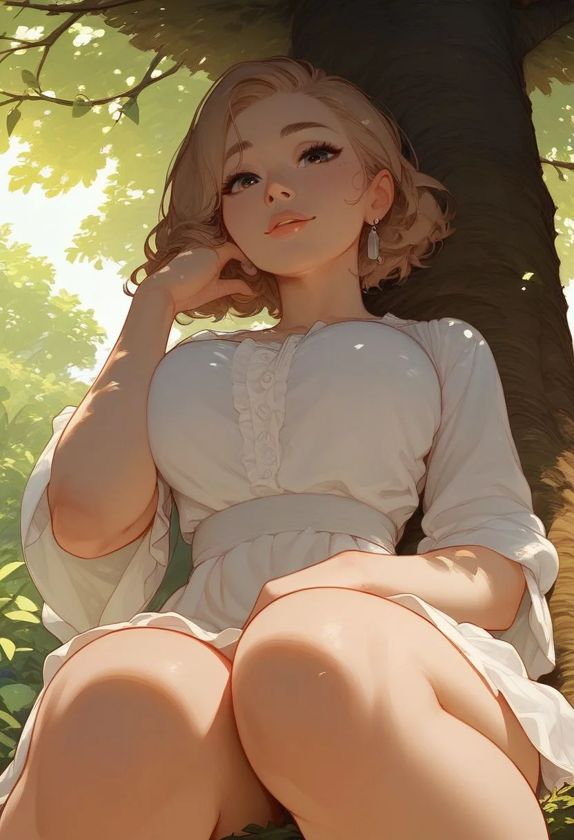 score_9, score_8_up, score_8,
below, highres, solo,
of one girl,
light brown hair, cute face, beautiful face,
sitting under tree,