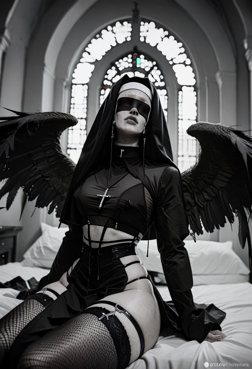 score_9,score_8_up,score_7_up,monochrome,greyscale,texturized image,blurry,at3r4,solo,1girl, wings, nun,bsdm, bsdm clothes,sitting,curvy,bed,spot color,covered eyes