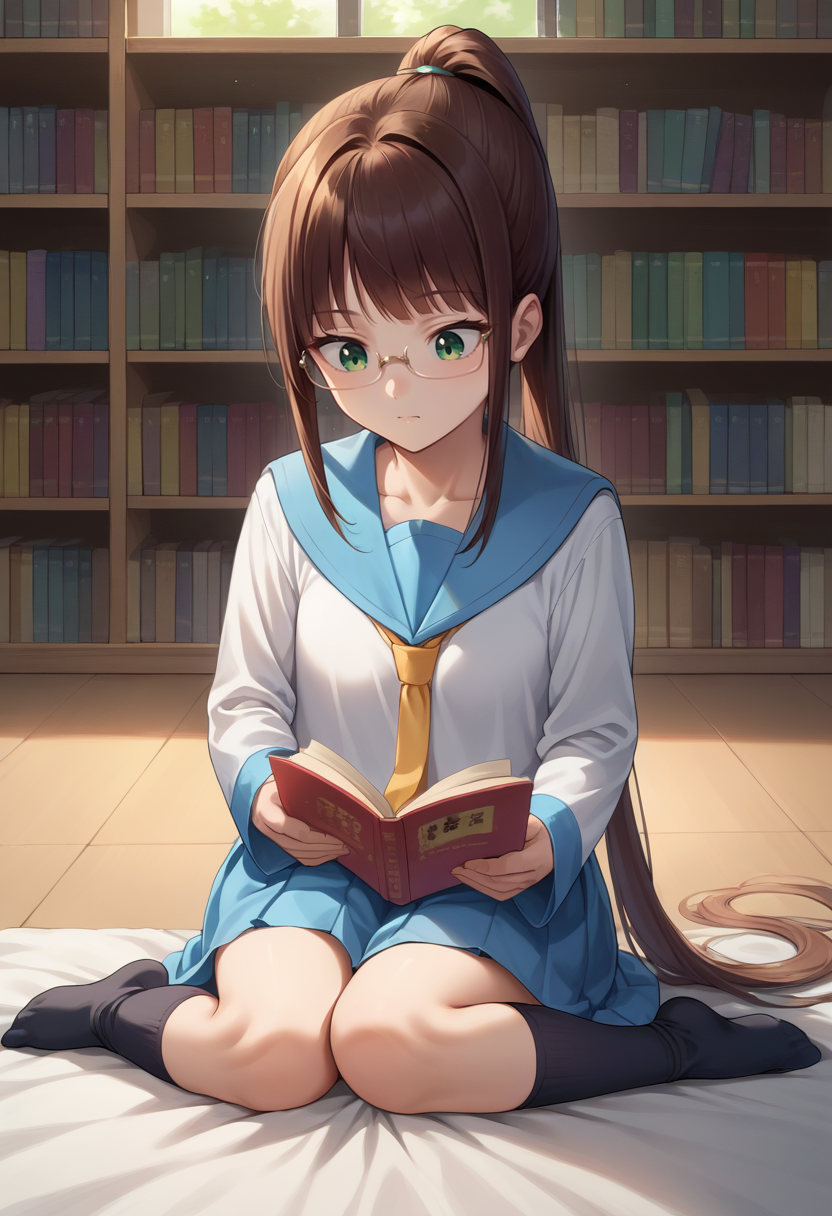 score_9, score_8_up, source_anime, 1girl, RuriMiyamoto, brown hair, bangs, very long hair, ponytail, green eyes, glasses, serafuku, long sleeves, blue sailor collar, yellow necktie, blue skirt, kneehighs, black socks, indoors, library, sitting, reading, <lora:ChamRuriMiyamotoPonyXL:1>