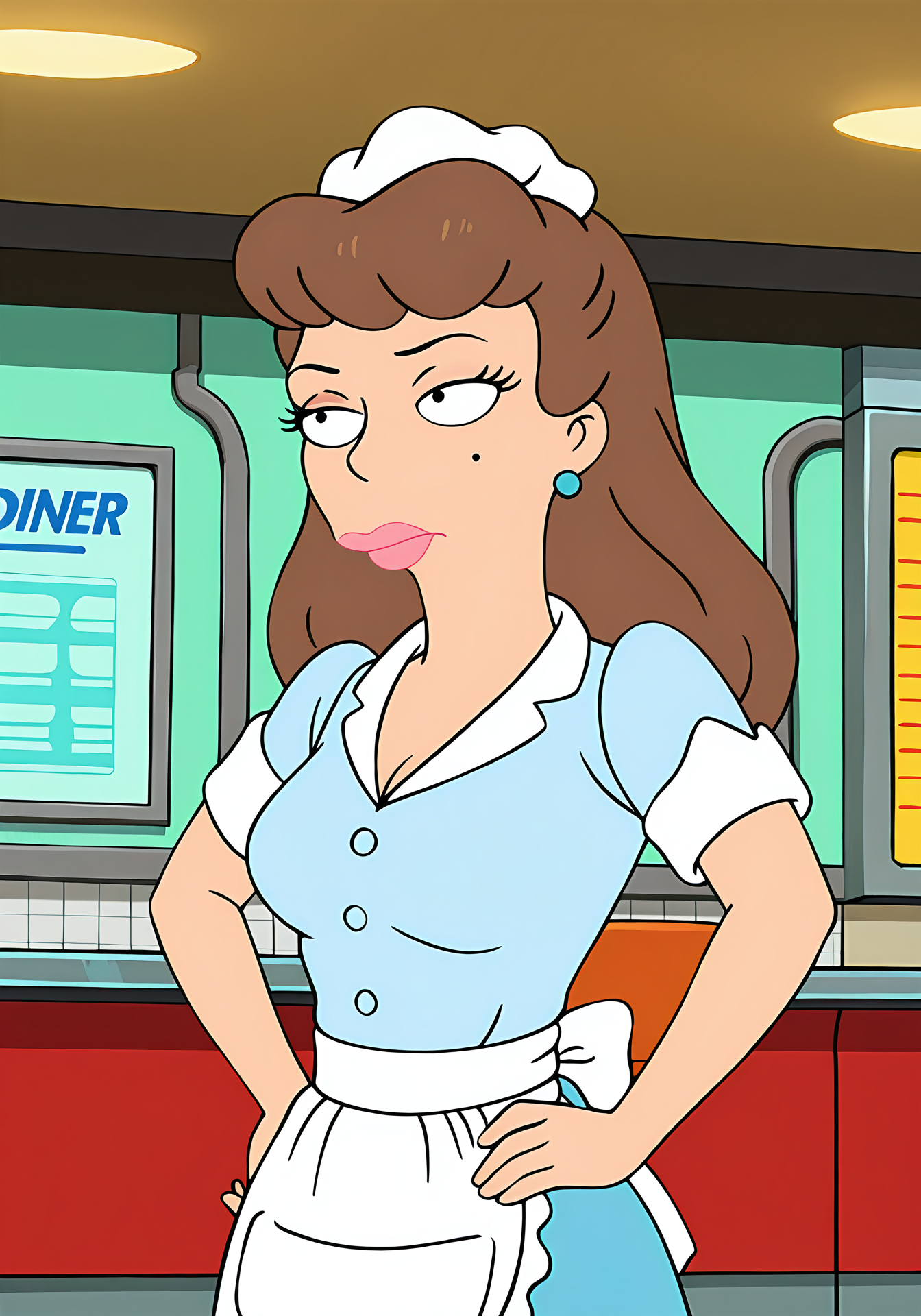 absurdres, 8k, high resolution, masterpiece, best quality, absolutely fantastic art, amazing quality, very aesthetic, <lora:futuramawomen>, futuramawomen, mildred, 1girl, solo, long hair, brown hair, jewelry, short sleeves, earrings, mole, apron, makeup, parody, lipstick,diner, waitress, hand on hip