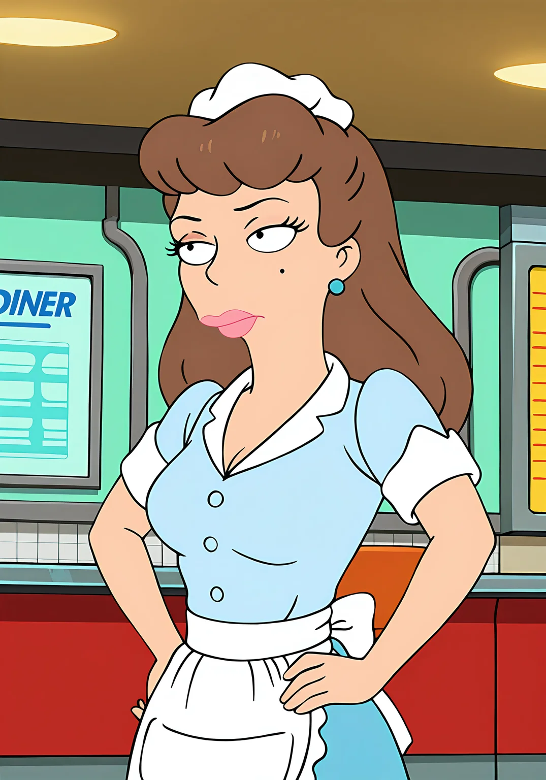 absurdres, 8k, high resolution, masterpiece, best quality, absolutely fantastic art, amazing quality, very aesthetic, <lora:futuramawomen>, futuramawomen, mildred, 1girl, solo, long hair, brown hair, jewelry, short sleeves, earrings, mole, apron, makeup, parody, lipstick,diner, waitress, hand on hip