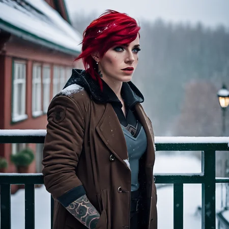 arcane, vi, red hair, light blue eyes, freckles, face tattoo, upper body, arm tattoo, face tattoo, lip scar, eyebrow scar, winter coat, snow, standing on balcony, realistic, nikon, fuji films  <lora:vi-offset:0.7>