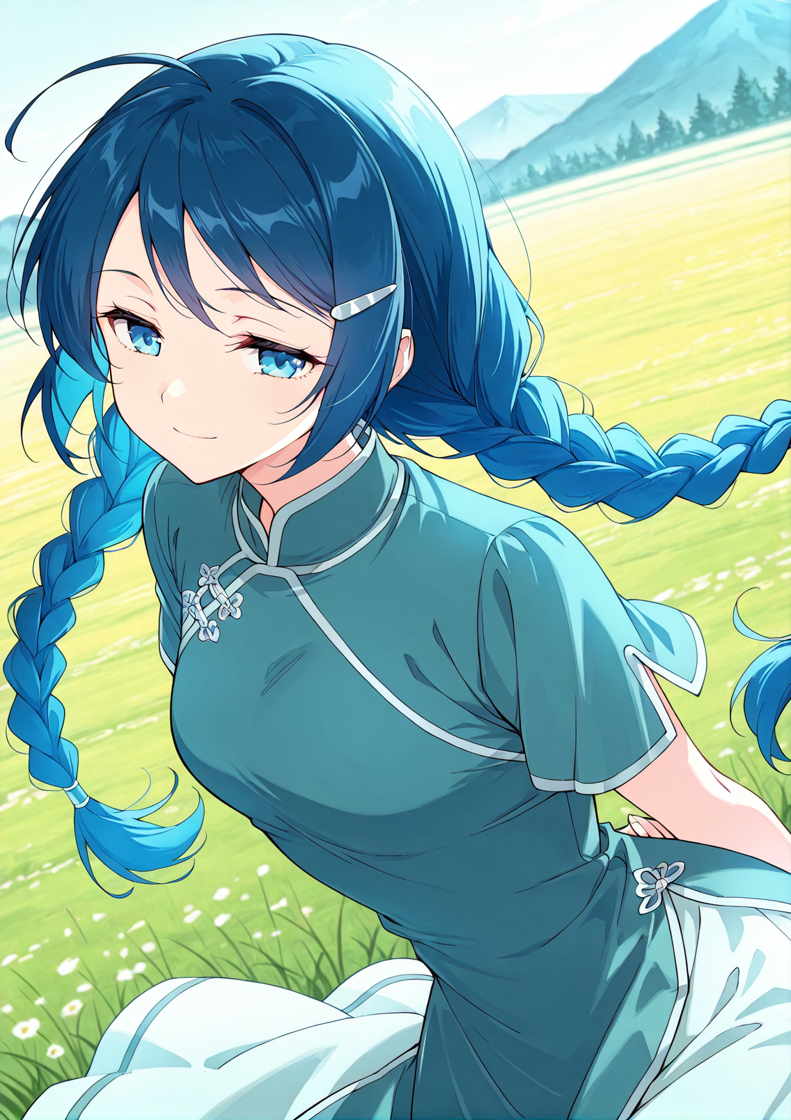 <lora:Ling-Er__Battle_Through_the_Heavens__Illustrious:1>
1 girl, solo, blue eyes, blue hair, braid, twin braids, long hair, ahoge, chinese clothes, short sleeves, hair ornament, hairclip, 
score_9, score_8_up, score_7_up, very aesthetic, source_anime, detailed, high quality, beautiful, masterpiece, detailed eyes, field, blurry background, pose dynamic angle, upper body, cowboy shot, light smile, floating hair, half-closed eyes, hands behind back, leaning forward, looking forward, looking at viewer