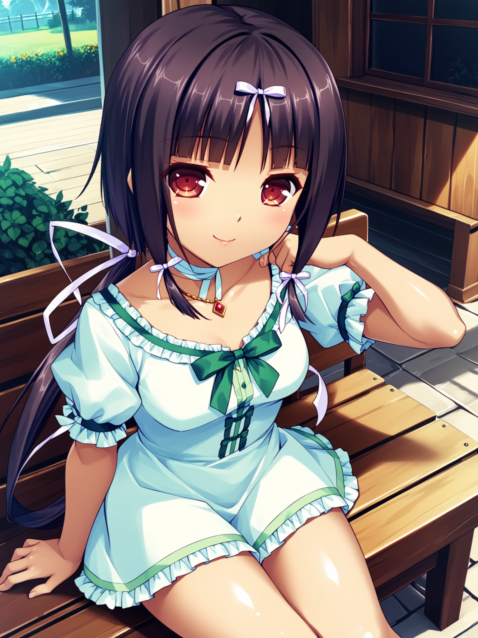 <lora:happy_tentacle-arle-v0.1-000034:1>, ht_arle, low ponytail, hair ribbon, green dress, frilled dress, puffy short sleeves, tress ribbon, choker, necklace, outdoors , 1girl, solo, cowboy shot, thighs , evil eyes , ( seductive smile :1), , , sitting , facing viewer , score_9, score_8_up, score_7_up, score_6_up, score_5_up, score_4_up