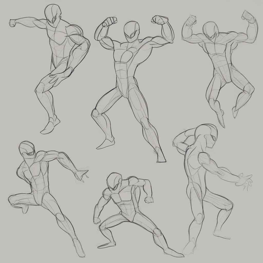 super dynamic character poses, random poses and angles, 4 poses, male focus, clearly defined masterpiece body posing, clean sketches, line art,