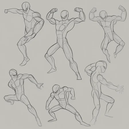super dynamic character poses, random poses and angles, 4 poses, male focus, clearly defined masterpiece body posing, clean sketches, line art,