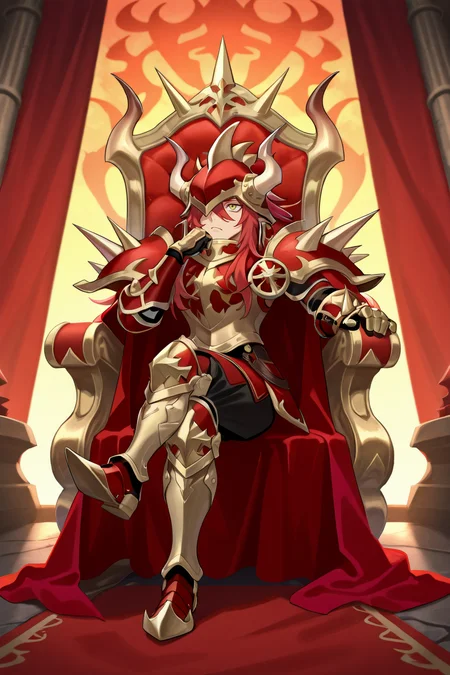 <lora:GulcasaIL:0.8> , guldef, (1boy), red hair, long hair, hair between eyes, yellow eyes, armor, full armor, spikes, shoulder armor, one eye covered, horned helmet, spiked helmet, horned headwear, shoulder spikes, cape, red cape, pauldrons, gauntlets, greaves, full body, sitting, throne, hand on own chin, reclining, majestic, solo, masterpiece, very aesthetic, absurdres, best quality, amazing quality, high resolution, detailed background, <lora:illustrious_quality_modifiers_masterpieces_v1:0.8> , <lora:ChamIllustriousBackgroundEnhancer:0.5>