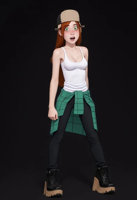 score_9, score_8_up, score_7_up, (ultra HD quality details),
dark background,
standing, posing for photo, looking at viewer,
1girl, Wendy, medium breasts,
purple eyes, cute nose,
long red hair, hat,
green eyes, white sclera,
freckles,
long thin legs,
white tank top, jewelry, sweater around waist, black pants,
black platform shoes,
blushing, nervous,