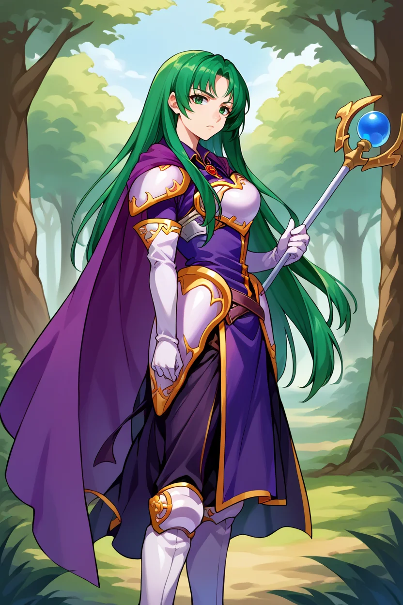 score_9, score_8_up, score_7_up, score_6_up, source_anime, BREAK 1girl, solo, <lora:fececilia-pdxl-nvwls-v1:1> defCeci, green hair, green eyes, purple cape, brooch, armored dress, purple dress, elbow gloves, white gloves, belt, white boots, from side, holding staff, looking at you, serious, forest
