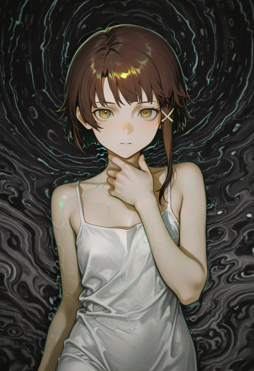 HDR, 8K, high contrast, masterpiece, best quality, amazing quality, very aesthetic, painterly colorful  absurdres, abstract, surreal, vivid, faux_traditional_media (crt:1.1) (static:1.1) (liquid_marbling:1) glitch 1girl asymmetrical_hair brown_eyes brown_hair dress hair_ornament hairclip looking_at_viewer power_lines scenery short_hair sleeveless solo white_dress iwakura_lain serial_experiments_lain volumetric detailed background, volumetric_background