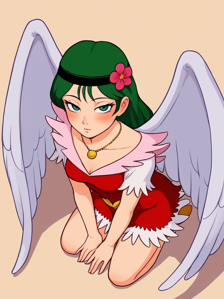 score_9, score_8_up, score_7_up, 1girl, solo,    <lora:Nazca_Pony:1> 1girl, solo, Nazca, green hair, long hair, green eyes, headband with flower, red dress with pink collar, white fringed shoulders, white fringed hem,  necklace, gold emblem, wings, kneeling, aroused, blush, looking at viewer, view from above, slight cleavage,heavy lidded eyes