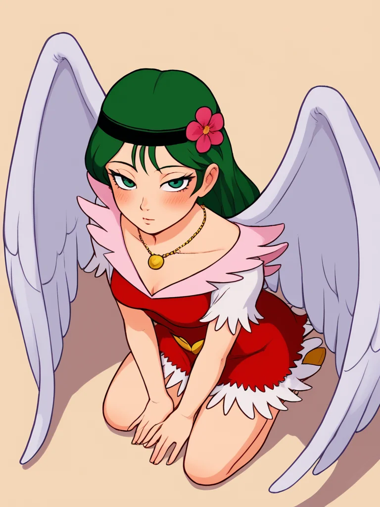 score_9, score_8_up, score_7_up, 1girl, solo,    <lora:Nazca_Pony:1> 1girl, solo, Nazca, green hair, long hair, green eyes, headband with flower, red dress with pink collar, white fringed shoulders, white fringed hem,  necklace, gold emblem, wings, kneeling, aroused, blush, looking at viewer, view from above, slight cleavage,heavy lidded eyes