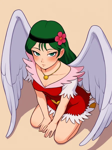 score_9, score_8_up, score_7_up, 1girl, solo, <lora:Nazca_Pony:1> 1girl, solo, Nazca, green hair, long hair, green eyes, headband with flower, red dress with pink collar, white fringed shoulders, white fringed hem, necklace, gold emblem, wings, kneeling, aroused, blush, looking at viewer, view from above, slight cleavage,heavy lidded eyes