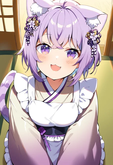 score_9, score_8_up, score_7_up, score_6_up, source anime,
nekomata okayu, nekomata okayu newyear, japanese clothes, kimono, white apron, purple kimono, hair flower, long sleeves, maid, wa maid, sleeves past wrists, frilled apron, purple sleeves,
official alternate costume, 1girl, solo, cat tail,
blush, looking at viewer, smile, open mouth,
indoors, shouji, tatami,
from above , upper body
<lora:nekomata_okayu_v2:1>